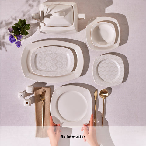 Karaca Deren Cream 60 Piece Porcelain Dinnerware Set for 12 Person Square 