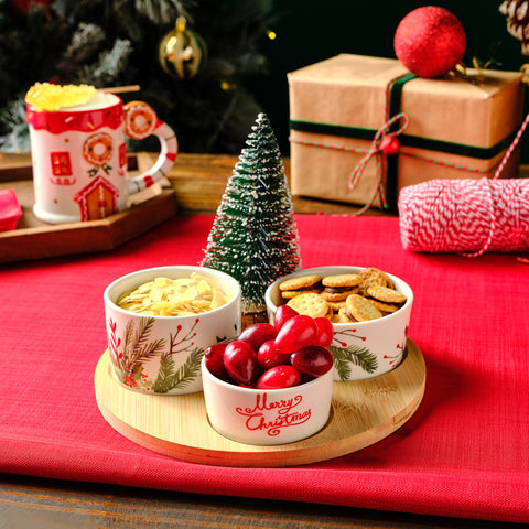 Karaca New Year Christmas Bamboo Snack Kokina 3-Piece Bowl Set