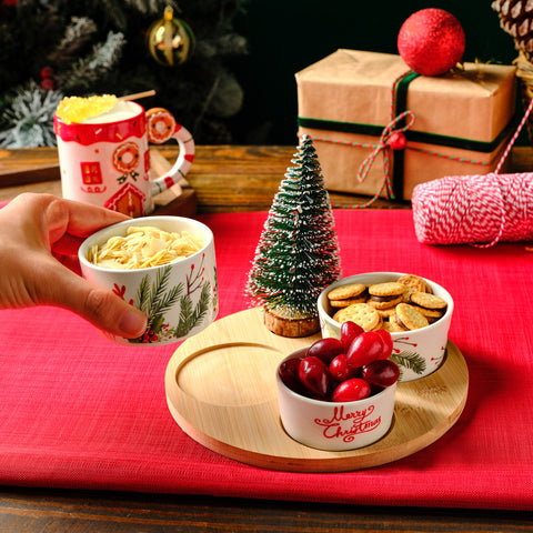 Karaca New Year Christmas Bamboo Snack Kokina 3-Piece Bowl Set