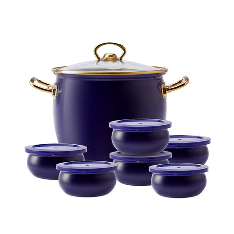 Karaca Retro 8-teiliges emailliertes Joghurt-Fermentier-Set Marineblau