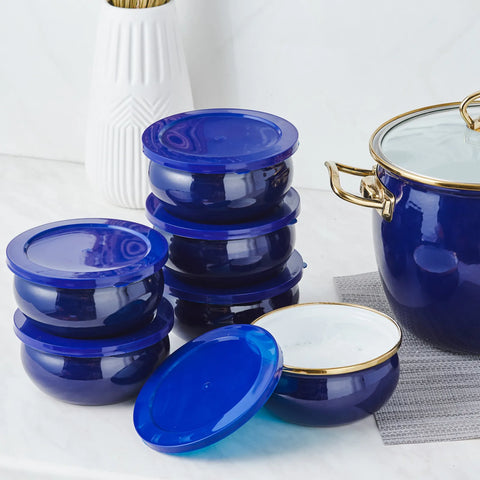 Karaca Retro 8-teiliges emailliertes Joghurt-Fermentier-Set Marineblau