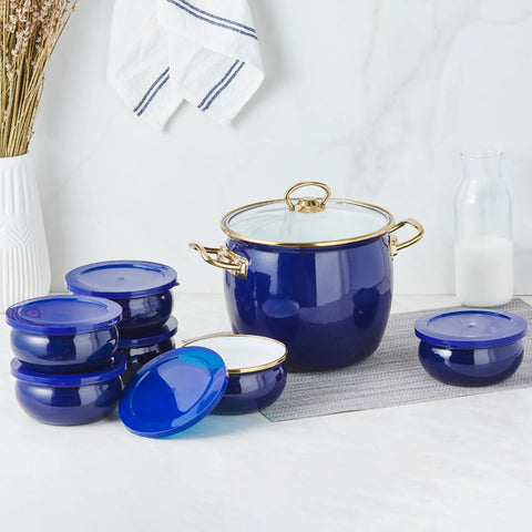 Karaca Retro 8-teiliges emailliertes Joghurt-Fermentier-Set Marineblau