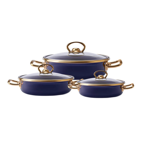 Karaca Emaille Induktion flache Bratpfanne Set, 3 Teile, Marineblau Gold