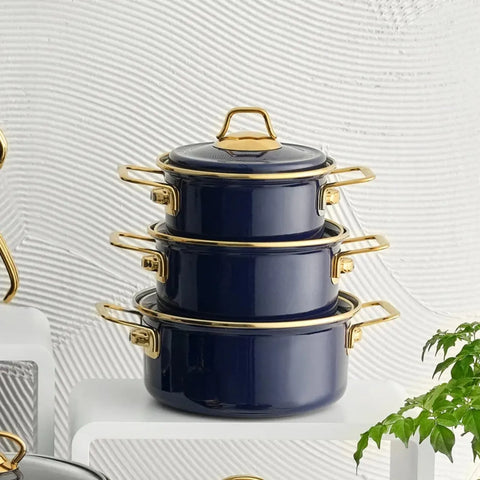 Karaca Emaille-Kochgeschirr-Set 3 Teile Marineblau Gold