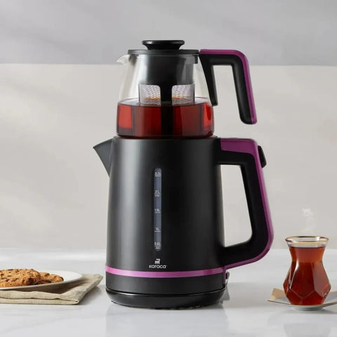 Karaca Maxi Tea XL 2in1 Teebereiter mit Glassieb und Wasserkocher Himbeere, 1700W