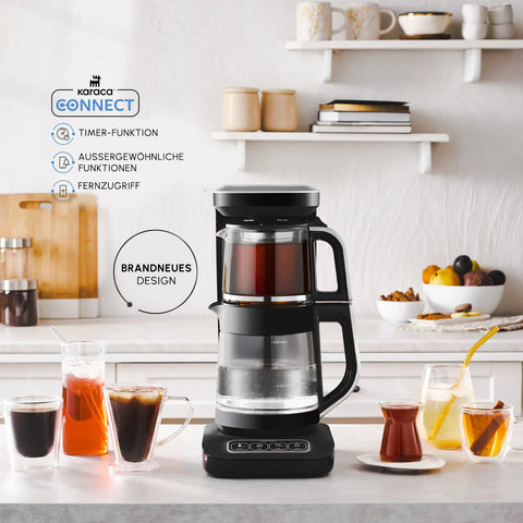 Karaca Çaysever Robotea Pro Connect 4 in 1 Sprechender Automatischer Glas-Teekocher und Filter-Kaffeebrühmaschine 2500W Silber