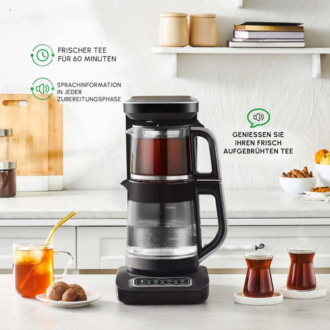 Karaca Çaysever Robotea Pro Connect 4 in 1 Sprechender Automatischer Glas-Teekocher und Filter-Kaffeebrühmaschine 2500W Silber