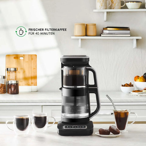 Karaca Çaysever Robotea Pro Connect 4 in 1 Sprechender Automatischer Glas-Teekocher und Filter-Kaffeebrühmaschine 2500W Silber