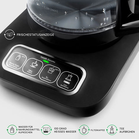 Karaca Çaysever Robotea Pro Connect 4 in 1 Sprechender Automatischer Glas-Teekocher und Filter-Kaffeebrühmaschine 2500W Silber