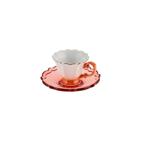 Karaca Samo Orange Kaffeetasse Set für 2 Personen mit Acryl Untertasse 90 ml