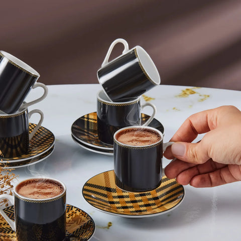 Karaca Schwarz kariert Kaffeetasse Set für 6 Personen 80 ml