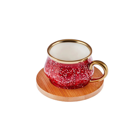 Karaca Bambus Rot Kaffeetassen-Set 90 ml, 6 Personen, mit Tablett