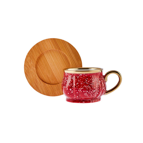 Karaca Bambus Rot Kaffeetassen-Set 90 ml, 6 Personen, mit Tablett