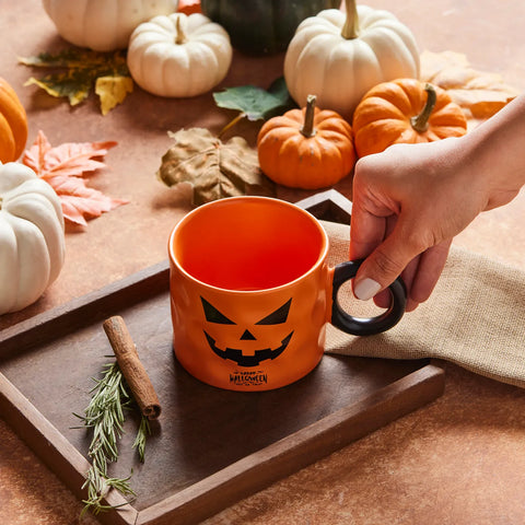 Karaca Halloween Kürbis Gesicht Keramik Tasse, 10cm, Orange Schwarz