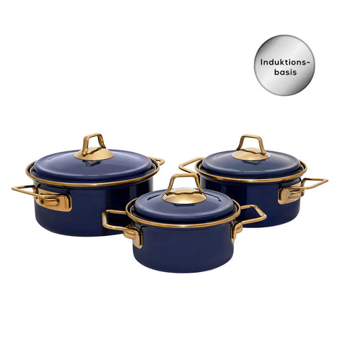 Karaca Emaille-Kochgeschirr-Set 3 Teile Marineblau Gold