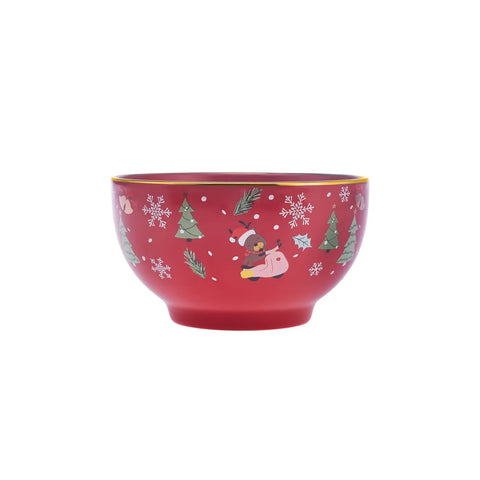 Karaca Weihnachten Porzellan Golden Linie Müsli/Suppen Schüssel, 14cm, Rot 