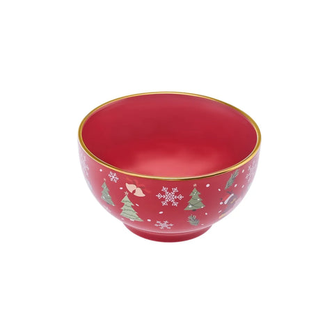 Karaca Weihnachten Porzellan Golden Linie Müsli/Suppen Schüssel, 14cm, Rot 