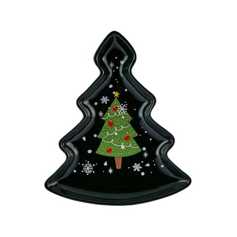 Karaca Weihnachten Porzellan Golden Linie Weihnachtsbaum Dekorativer Teller, 21cm, Schwarz Grün