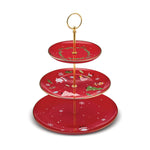 Karaca Christmas Porcelain Golden Line 3 Layered Cake Stand, Red