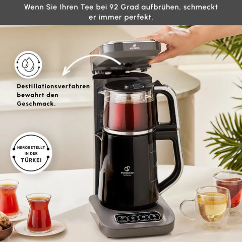 Karaca Caysever Robotea Pro 4 in 1 sprechender automatischer Teekocher Wasserkocher und Filterkaffeemaschine 2500W Space Grau