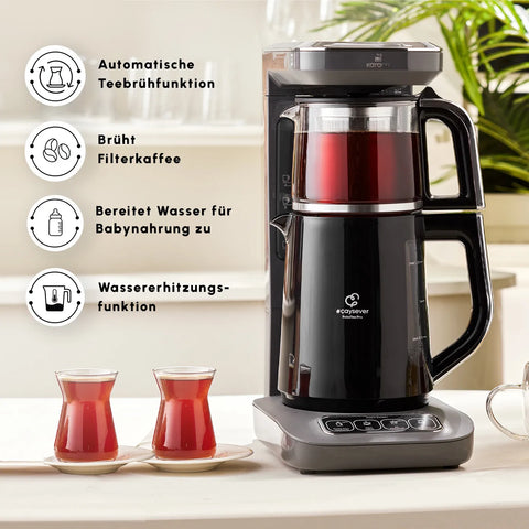 Karaca Caysever Robotea Pro 4 in 1 sprechender automatischer Teekocher Wasserkocher und Filterkaffeemaschine 2500W Space Grau