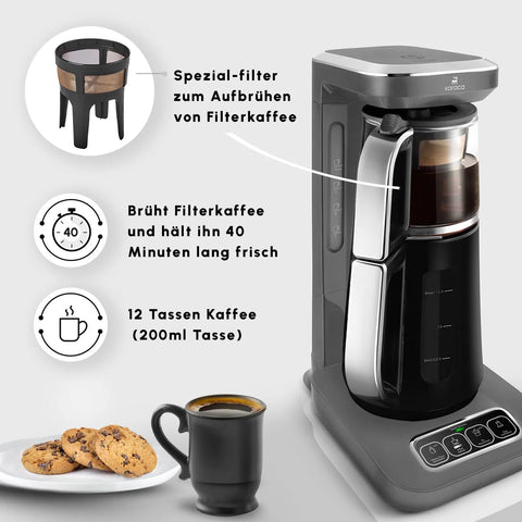 Karaca Caysever Robotea Pro 4 in 1 sprechender automatischer Teekocher Wasserkocher und Filterkaffeemaschine 2500W Space Grau