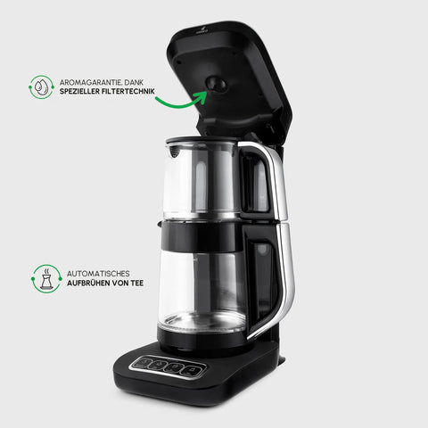 ​Karaca Çaysever Robotea Pro 4 in 1 Sprechende Automatische Glas-Teemaschine, Wasserkocher und Filterkaffeemaschine, Schwarz Chrom, 2500W