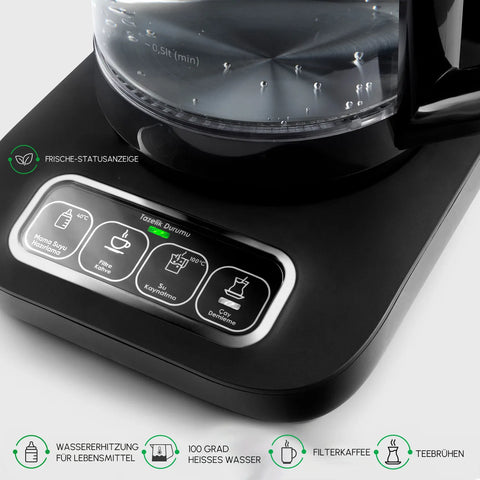 ​Karaca Çaysever Robotea Pro 4 in 1 Sprechende Automatische Glas-Teemaschine, Wasserkocher und Filterkaffeemaschine, Schwarz Chrom, 2500W