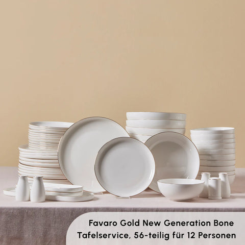 Karaca Favaro Streamline für 12 Personen Geschirrset, 56 Teilig, New Generation Bone, Gold 